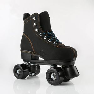 Zapatos de patinaje para niños y niñas, calzado de doble línea para interiores, con <span class=keywords><strong>Quad</strong></span> paralelo, <span class=keywords><strong>botas</strong></span> de 4 ruedas de PU, color negro con freno, transpirables con cordones - Product Image 6