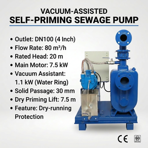 Pompe auto-amorçante à aspiration assistée par vide 4'' (DN100) 80m³/h, hauteur de refoulement 20m, moteur double 7.5kW+1.1kW, hauteur de levage à sec 7.5m, passage de solides 30mm, pour arrosage - Product Image 3