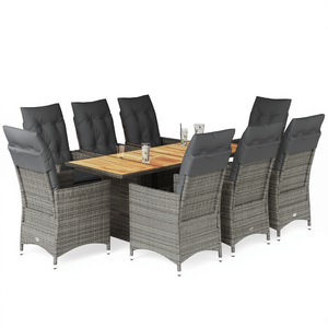 Ensemble de salle à manger de jardin en rotin gris 8 places avec accoudoirs réglables, mobilier d'extérieur, plateau en teck, design contemporain - Product Image 1