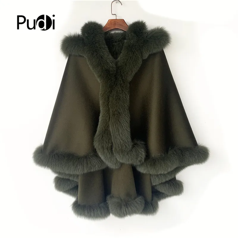 Pudi femmes réel manteau de fourrure de renard veste femme véritable laine à capuche châle Cape polaire automne et hiver laine femmes manteau décontracté