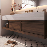 Meuble-lavabo mural en bois au design moderne avec miroir LED intelligent, évier intégré et étagère ouverte