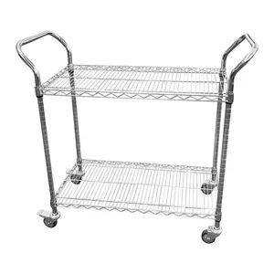 Chrome polishing steel material cart grid cart two layers adjustable metal wire mesh trolley with two handles