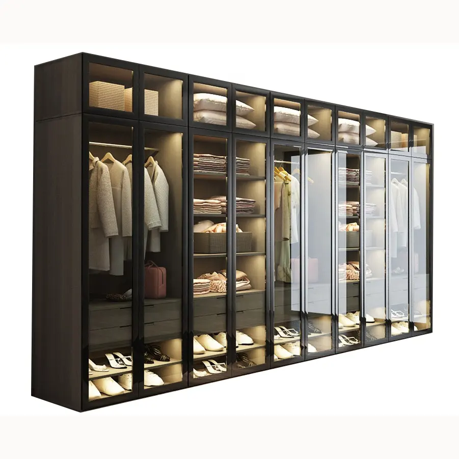 Modern Walk in Closet Designs mobili per camera da letto con porta in vetro con cassetti portaoggetti a LED armadi in vetro