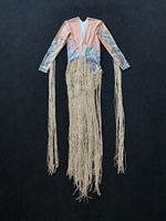 Justaucorps de scène avec imprimé de créateur, perles, strass et franges, tenue de danse exotique, tenue de strip-teaseuse, combinaison de scène, body pour femmes