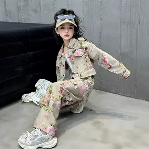 Nieuwe Mode Tienermeisjes Kleding Set Lange Mouwen Flower Print Denim Jasje Jas + Jeans Broek Kleding Set Voor Kinderen - Product Image 6