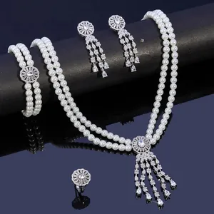 Trendy Drop Shape Imitation Two layer Pearl Necklace Cubic Zircon High Quality Dubai Elegant Women Bride Wedding Jewelry Se