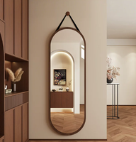 Miroir mural ovale Racetrack avec cadre en aluminium, sangle en cuir, cadre décoratif en MDF doré pour chambre à coucher, salon, hôtel