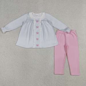 GLP2909 rts Conjunto de ropa infantil para niña, con lazos azules a rayas y bordados, para otoño, venta al por mayor. - Product Image 2