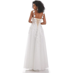 White A-Line Chiffon Wedding Dress V-Neck Floral Print Straps Natural Waistline - Product Image 3