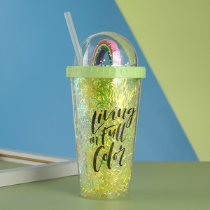 Double Walled Plastic Straw Cup Colorful Gold Thread Rainbow Design Portable Water Bottle For Students Back To School - Product Image 2