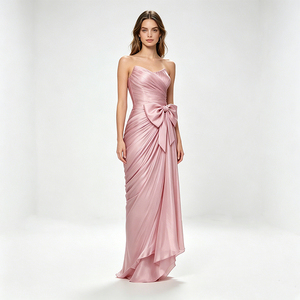 Vestido Formal Romántico Rosa Pálido sin Tirantes con Lazo en la Cintura, Drapeado, Fruncido y Asimétrico, Perfecto para Eventos y Celebraciones Elegantes - Product Image 6