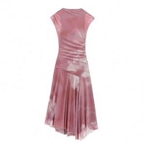 Robe plissée en soie et résille pour femme, style vintage, sans manches, collection Printemps - Product Image 2