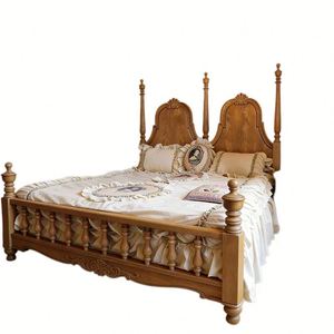 Cama de Madera Maciza de Estilo Retro con Postes de Madera Tallada Cama doble estilo rústico para dormitorio principal. - Product Image 1
