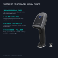 Scanner de codes-barres 2D sans fil 1280x800 CMOS USB 2.4G Bluetooth Cross Laser 1cm-300cm X-18394