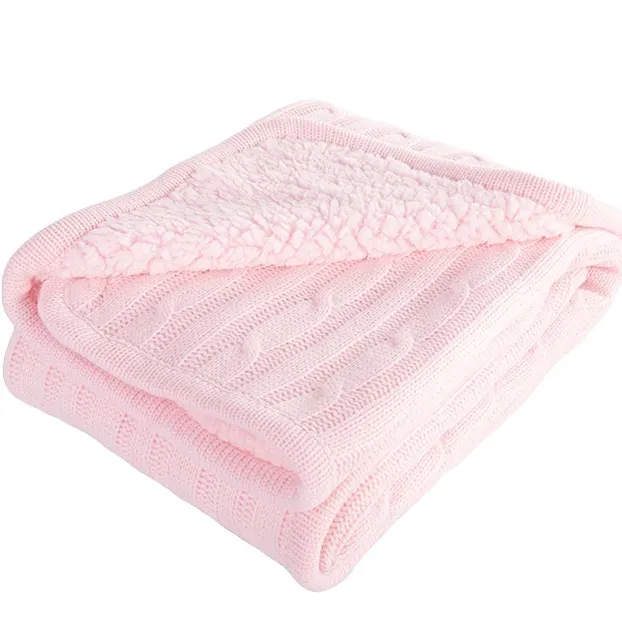 Free sample Double Layer Pink Knitted Baby Blanket Waffle Fleece Organic Knitted Cotton Baby Swaddle Minky Blanket