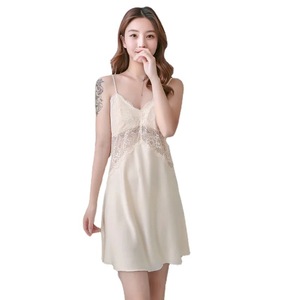 Robe de nuit en soie glacée pour femme, nuisette en satin avec dentelle, tenue d'intérieur, vêtement de nuit - Product Image 5