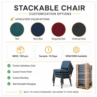 Chaise empilable rembourrée en tissu vert sarcelle avec assise rembourrée et structure en métal noir avec crochet de raccordement pour hôtel, église, conférence, commande en gros