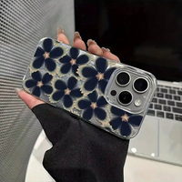 Coque de téléphone tendance motif fleur bleue pour iPhone 16 15 17 Pro Max 14 13, coque simple brillante en fil plume IMD, protection arrière pour mobile