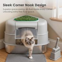 Bac à litière pour chat en acier inoxydable triangulaire XXL, grand format, facile à nettoyer, anti-odeurs, durable, avec plante artificielle cachée