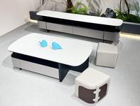 Ensemble table basse et meuble TV en pierre microcristalline moderne avec tabourets cachés, armoire de rangement d'angle arrondie, mobilier de salon