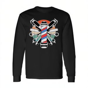 T-shirt à manches longues pour coiffeur homme avec motif de poteau de barbier et outils - Product Image 2