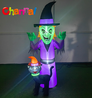 Sorcière gonflable d'Halloween avec chat noir, robe violette gonflable, chapeau de sorcière, lumière LED, décoration de jardin d'Halloween