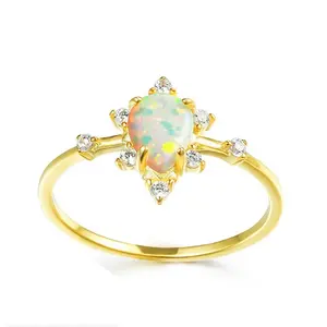 JCA Dainty Pear Opal 925 Sterling Silver Art Deco Promise Ring
