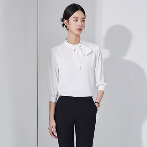 Women's Chiffon Blouse Mid Sleeve White Tie Front Slim Fit Workwear Solid Color Polyester Comfortable Shirt - Product Image 5