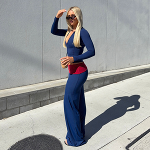 American Streetwear Yoga <b>Sets</b> Women Long Sleeve Zip Up Crop Top Contrast Color Wide Leg Pants - Product Image 4