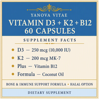Gélules de Vitamine D3 K2 B12 250 mcg D3 / 200 mcg K2 MK-7 / 60 Capsules Végétaliennes et Sans Gluten pour Adultes