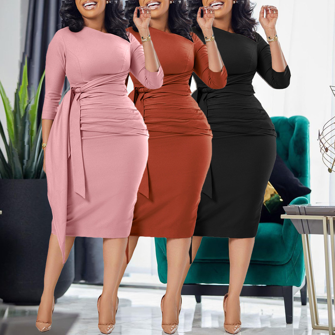 knee length dresses for ladies Berylove Women Tweed Pink Work Dress A-Line Long Sleeve Midi Business Casual Dress, Pink / L