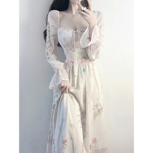 Simani Floral Chiffon Tea Party Dress Square Neck Long Sleeve A-Line Empire Waistline Women's Cocktail Dress - Product Image 3