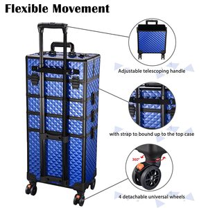 <span class=keywords><strong>Valise</strong></span> à roulettes de maquillage bleu brillant 4 en 1, <span class=keywords><strong>valise</strong></span> à roulettes verrouillable pour cosmétiques, maquillage, artiste des ongles, voyage, train - Product Image 4