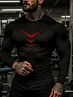 T-shirt athlétique respirant à manches longues et col rond pour homme, coupe ajustée, imprimé graphique géométrique unique, évacuation de l'humidité