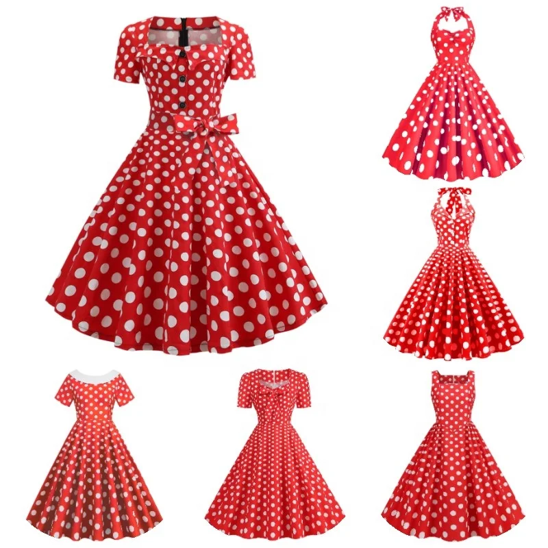 Ecoparty mujeres Vintage Halterneck vestido Retro Rockabilly Polka Dot cóctel fiesta 1950s 40s Swing vestido de verano