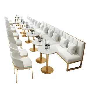 Commerciële Goedkope Moderne Luxe Café Restaurant Coffeeshop Eetmeubels Sofa Booth Gouden Metalen Frame Tafel En Stoelen Sets