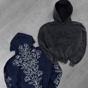 Sweat à capuche pour homme, coupe ample, à manches longues, avec broderie florale 3D de luxe, épaules tombantes, 450 g/m², noir délavé à l'acide - Product Image 1