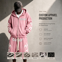 Ensembles assortis en molleton 100% coton épais, style délavé, avec sweat à capuche à cordon et short, imprimé flamme gothique, logo personnalisé