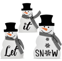 Centre de table en bois en 3 parties en forme de bonhomme de neige - Décoration de table sur le thème de l'hiver/Art déco, blanc et noir, pour les mariages, les fêtes de Noël