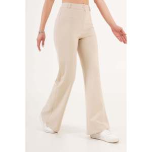 Pantalon taille haute pour filles, couleur crème, bouton unique, tissu respirant, coupe droite évasée, taille XL, pour l'été - Product Image 5