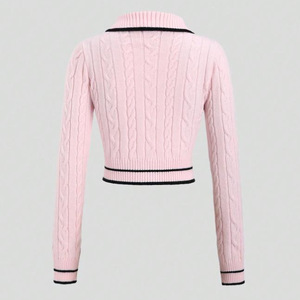 Cardigan en maille torsadée pour femme, manches longues, col contrastant avec lien, simple boutonnage, coupe ample, mode printemps - Product Image 5