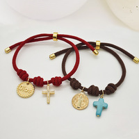 Bracelet réglable en corde style bohème Moyamiya avec breloque perlée et pendentif croix pièce de monnaie pour femme