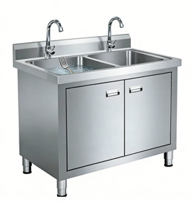 Stazione di Lavaggio Piatti per Cucina Alberghiera, Acciaio Inossidabile, Piedini Regolabili Stabili, Lavello Doppio con Mobiletto Inferiore per Catering - Product Image 1