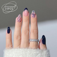 Faux ongles en ABS à presser, amande noire et nude avec nœud et paillettes, réutilisables pour femmes, 24 pièces/ensemble