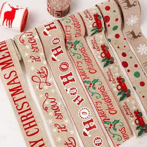Frohe Weihnachten Leinen band Weihnachten gedruckt Polka Dot Ribbon Weihnachts baum Band Kranz Schleifen Dekoration mit verdrahteten Rand