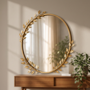 Modern Brass Framed <b>Round</b> Handmade <b>Wall</b> <b>Mirror</b> with Decorative <b>Gold</b> Leaf Design for Living Room Bedroom Home Interior Wedding - Product Image 1