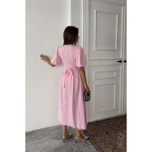 Vestido de Lino Rosa con Corte en A, Cuello Redondo, Cintura Natural, Transpirable, Informal, para Uso Diario, Tejido de Lino - Product Image 1