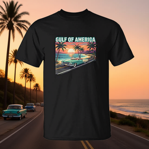 Camiseta patriótica vintage del Golfo de América con diseño retro de los años 50, gráfico de coche, playa y puesta de sol, camiseta negra para hombre - Product Image 3
