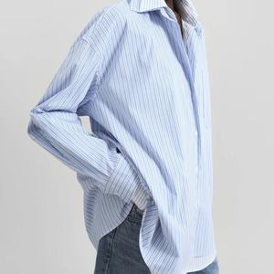 Camisas de Verano Personalizadas de Alta Calidad para Mujer, Manga Larga, Cuello Polo, Holgadas, a Rayas Azules, Blusas Elegantes para Mujer - Product Image 3