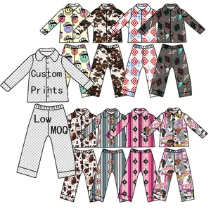 Low Moq Custom Bedrukte Western Kinderen 2 Delige Pyjama Sets Kinderen Lange Mouw Nachtkleding Lounge Kleding